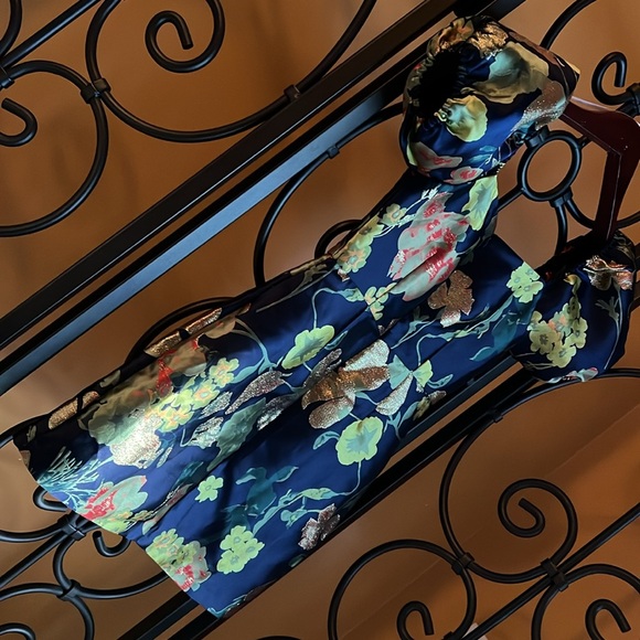 Lulus Dresses & Skirts - LULU’S “So Stunning Navy Blue Floral Jacquard Puff Sleeve Mini Dress”